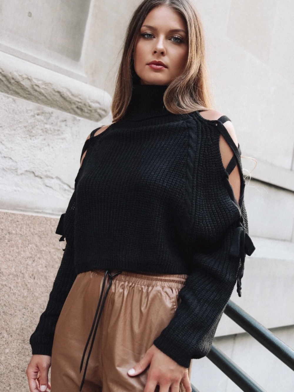 Black Cropped Turtleneck Sweater with shoulder cut outs - Small